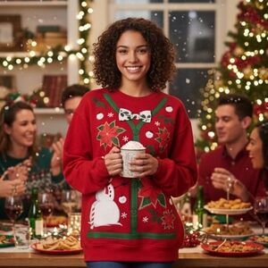 Christmas Holiday Red Poinsettia Unisex Ugly Christmas‎ Sweatshirt Bow Tie Large